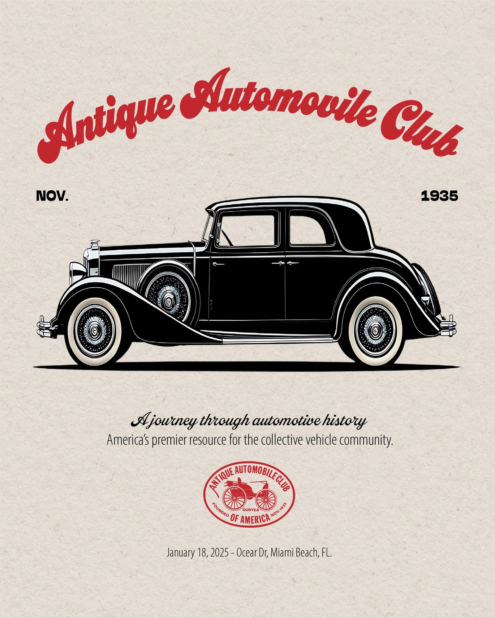 Antique Automobile Club flyer — black coupe side profile