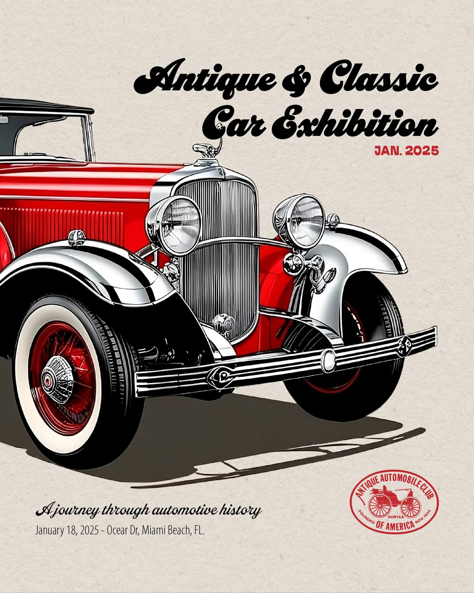 Antique & Classic Car Exhibition flyer — red roadster close-up