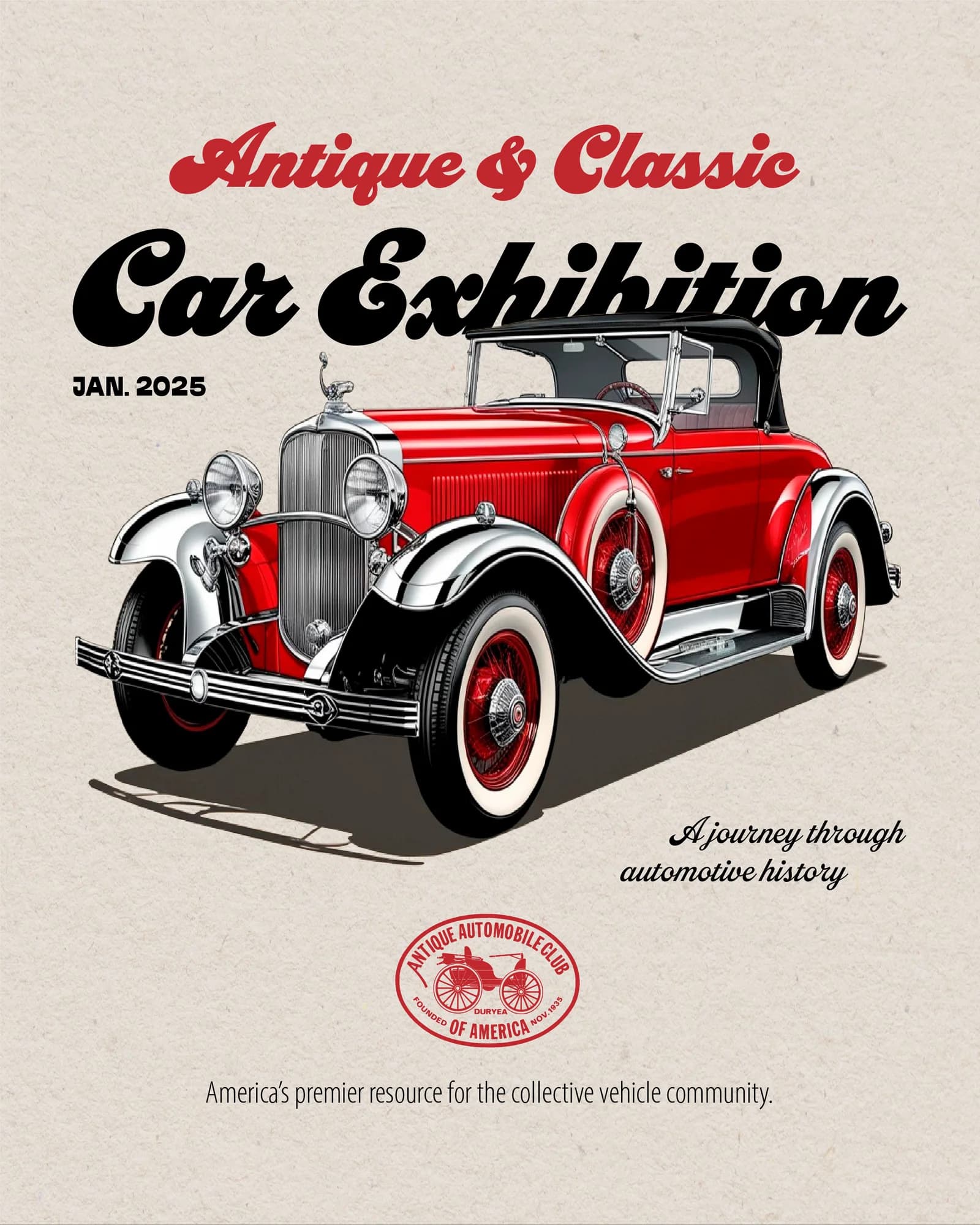 Antique & Classic Car Exhibition flyer — red coupe