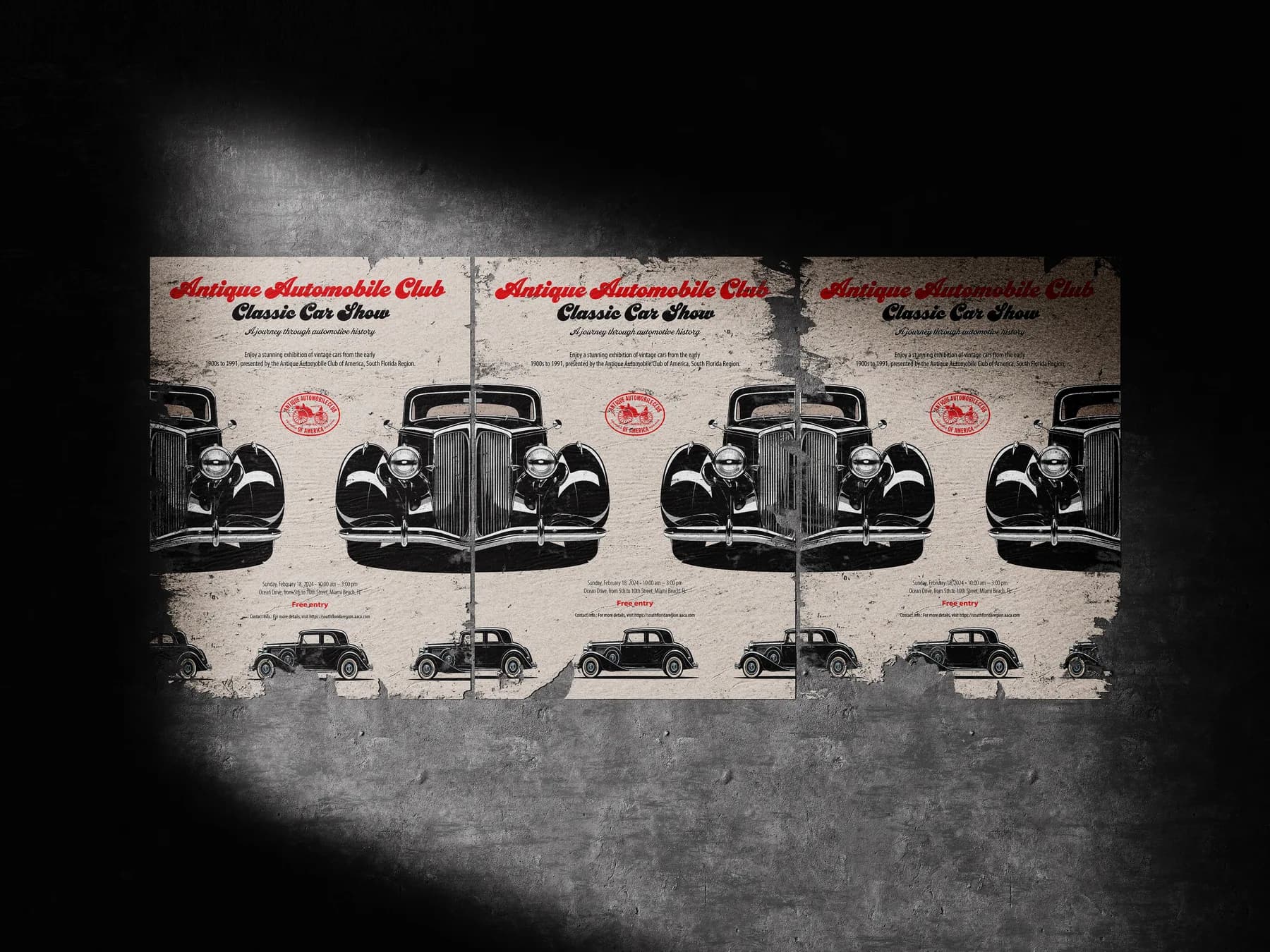 Posters mocked up glued to a wall, at night