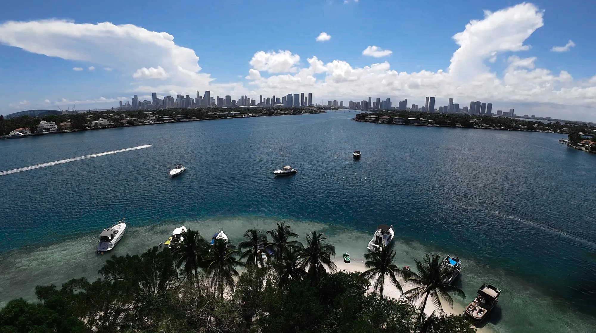 Aerial — Miami islands and skyline from the water