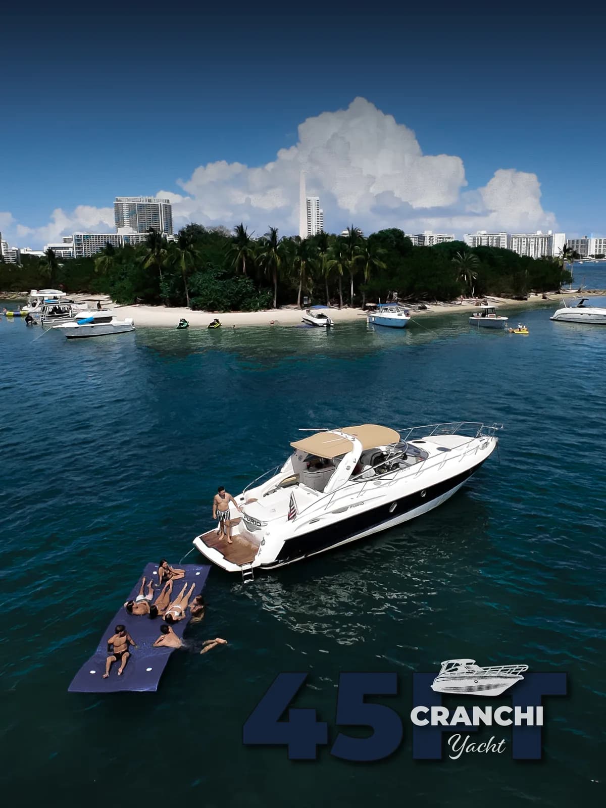 The Goat Yacht Rental — aerial social piece of the Cranchi 45 off a Miami island