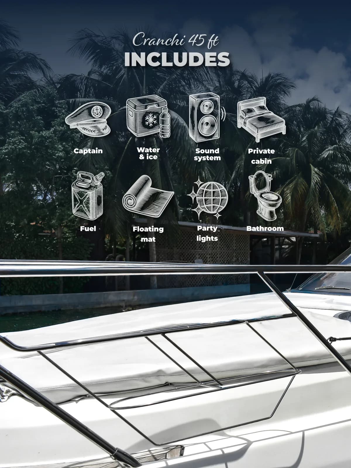 The Goat Yacht Rental — social carousel of what the Cranchi 45 charter includes