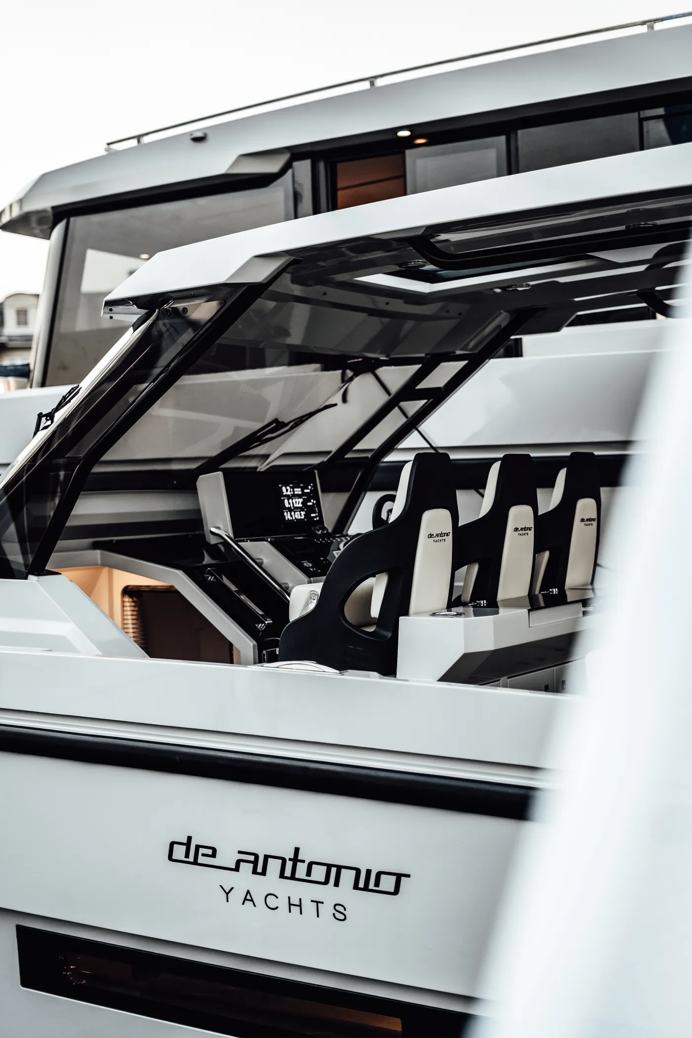 De Antonio Yachts logo on the hardtop