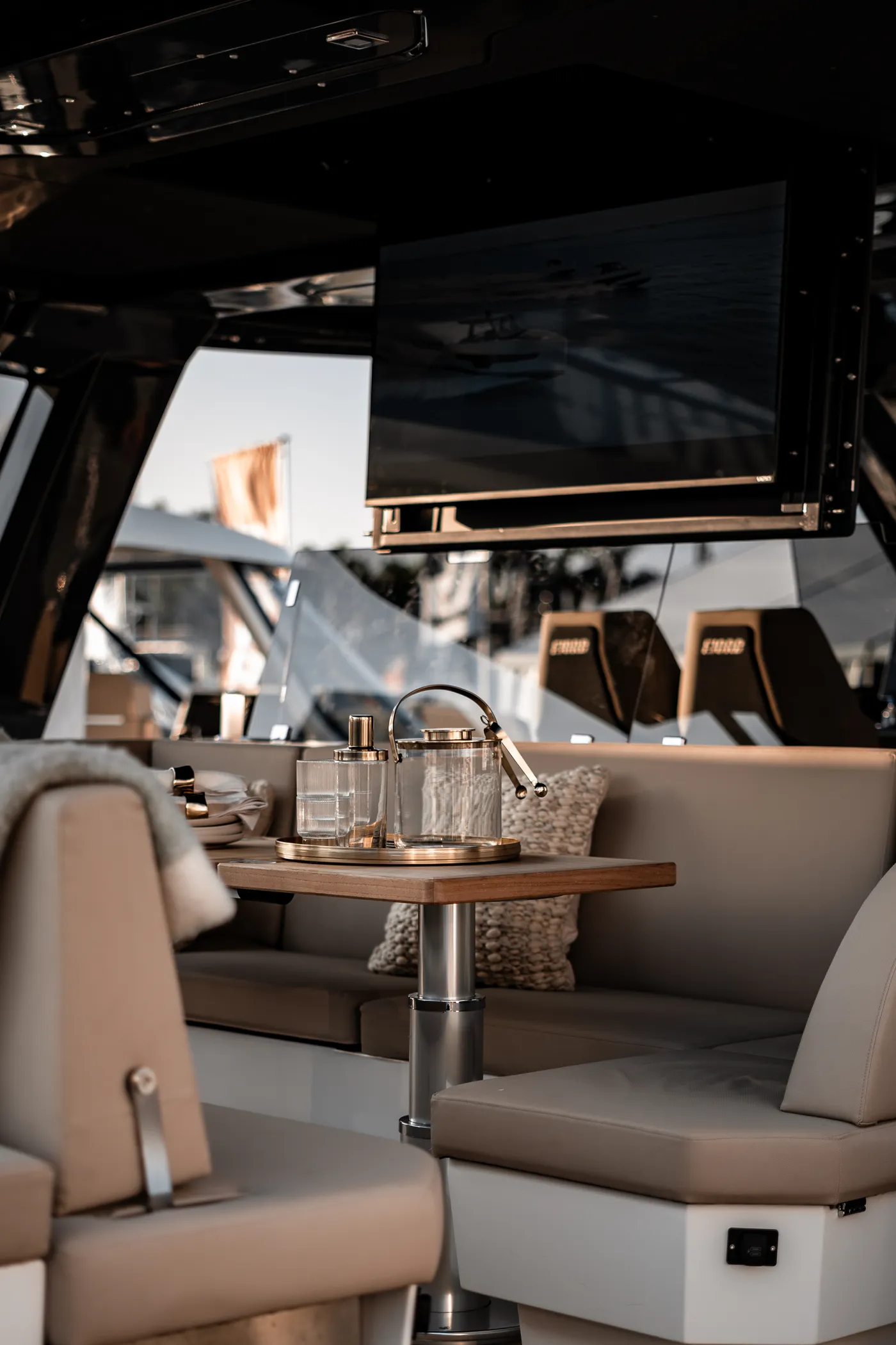 A styled interior dinette aboard