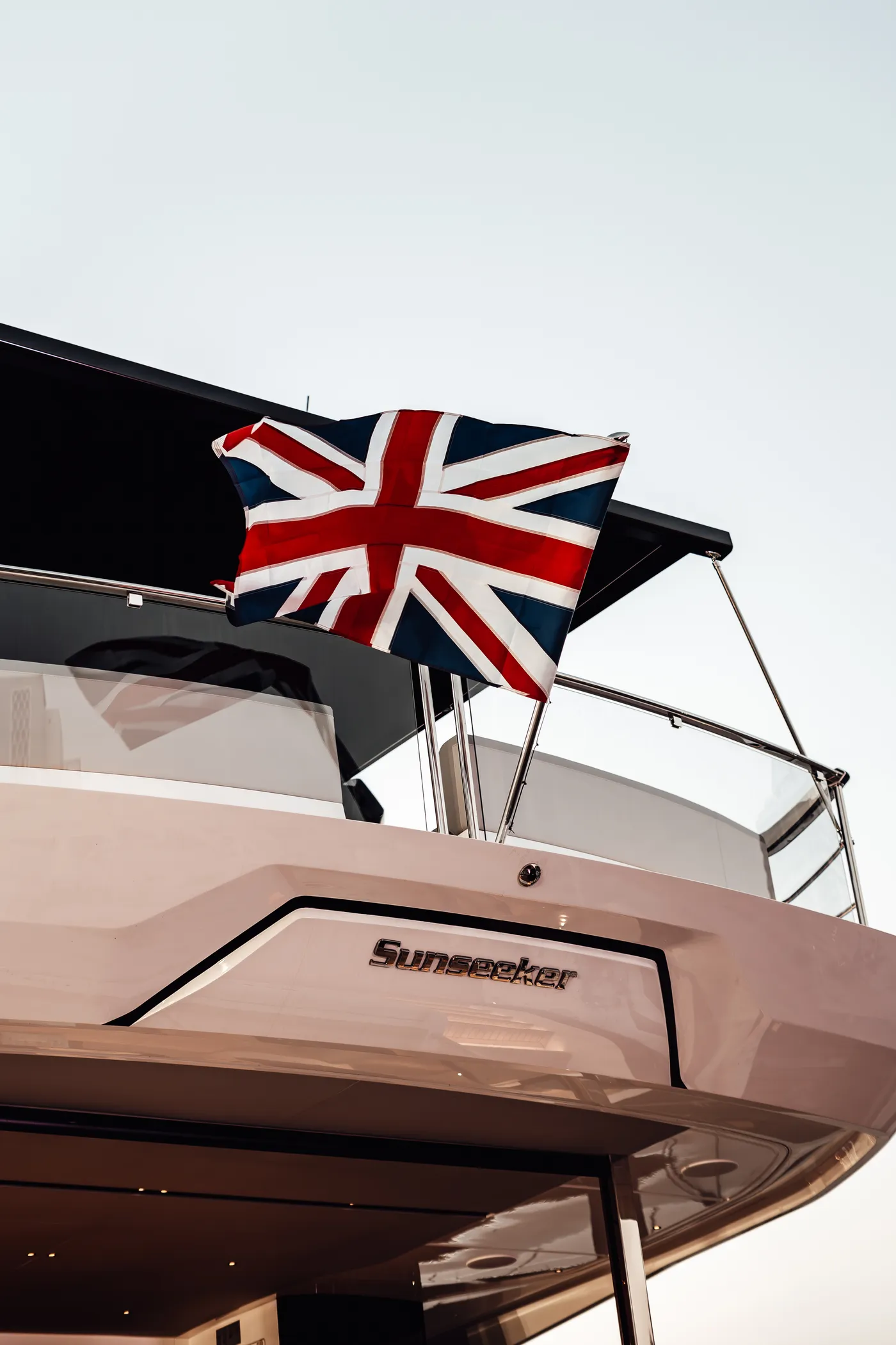 A Sunseeker bow flying the Union Jack