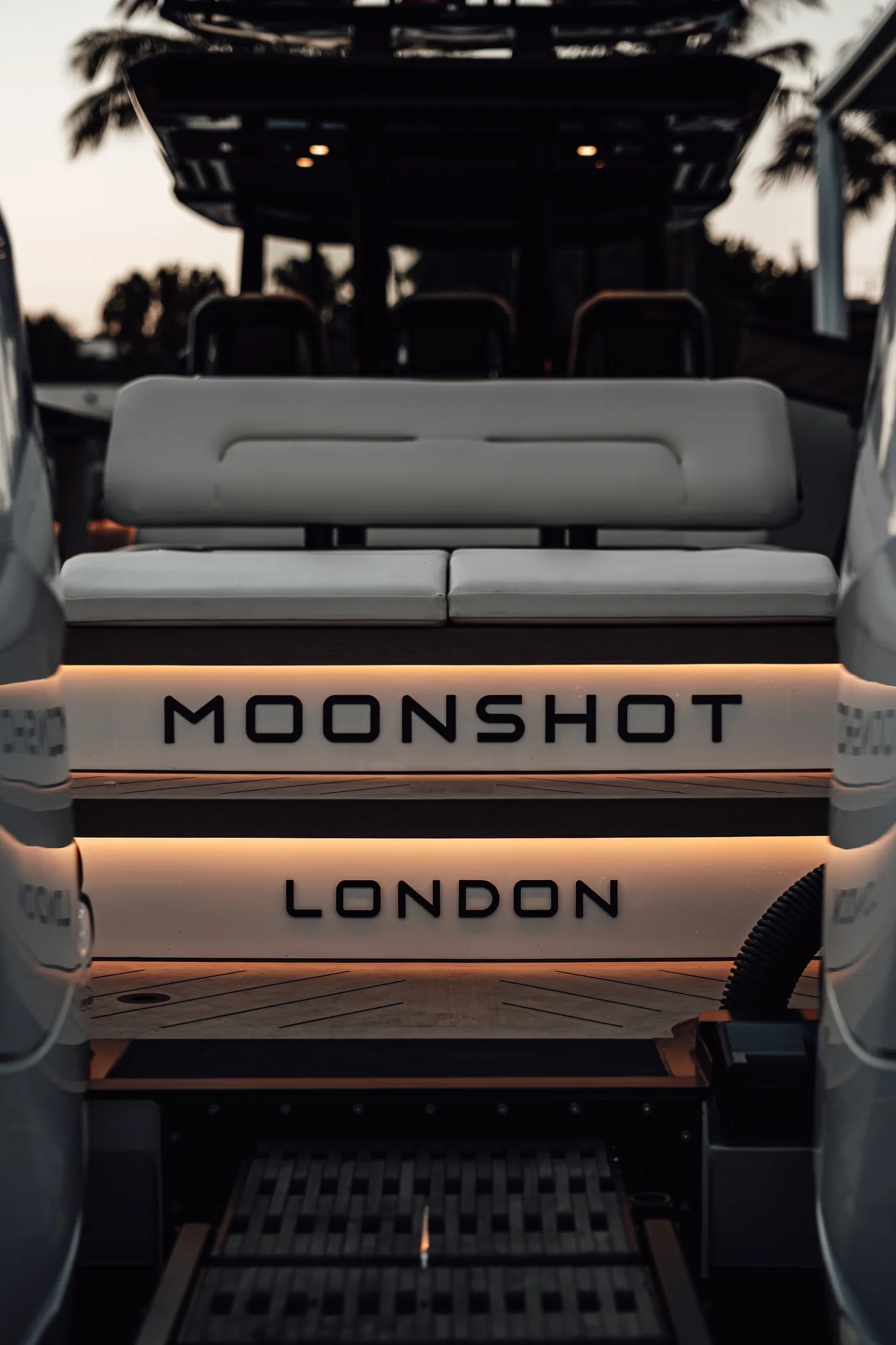 Moonshot London branding on a stern seat