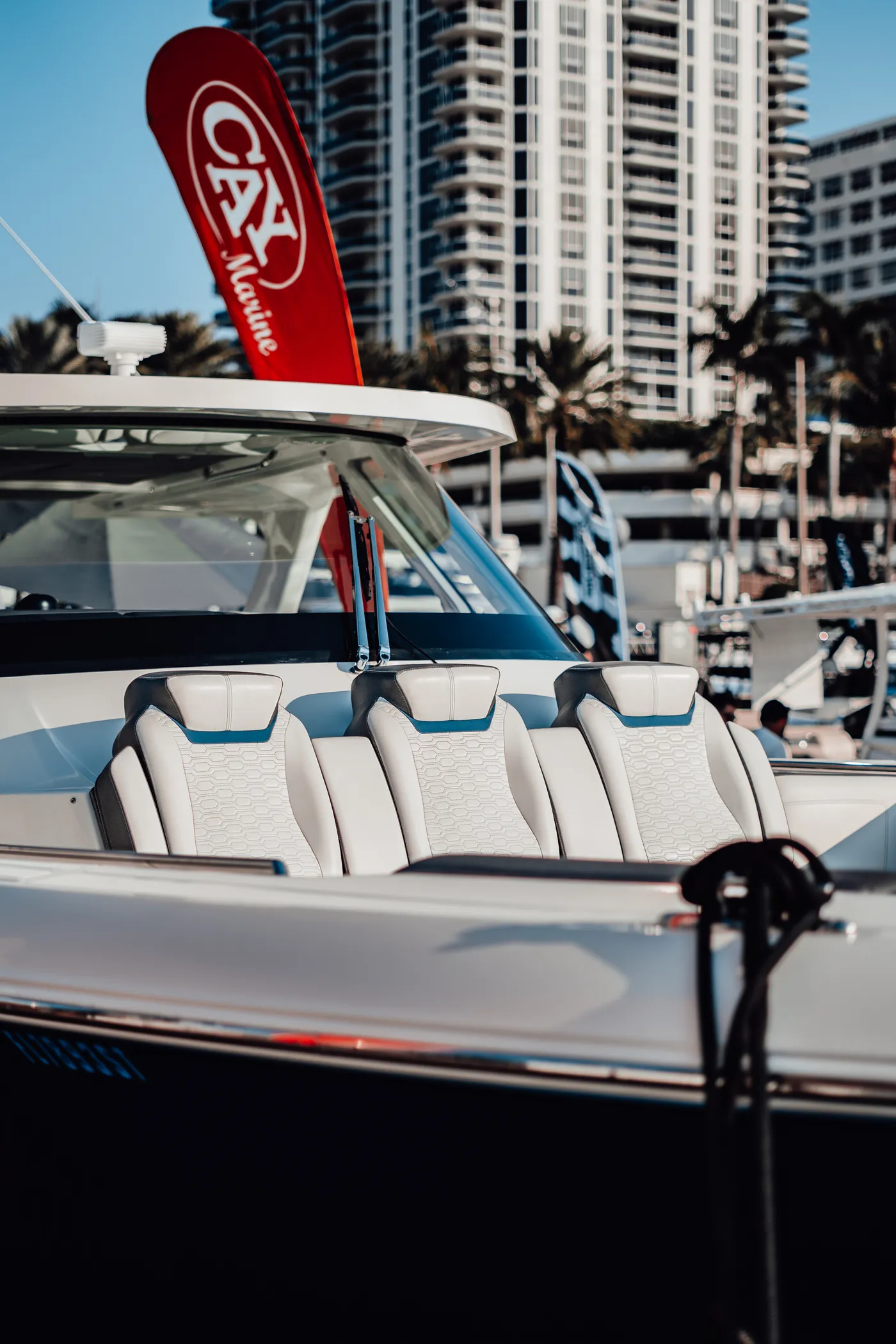 Tiara Sport cockpit with the marina behind