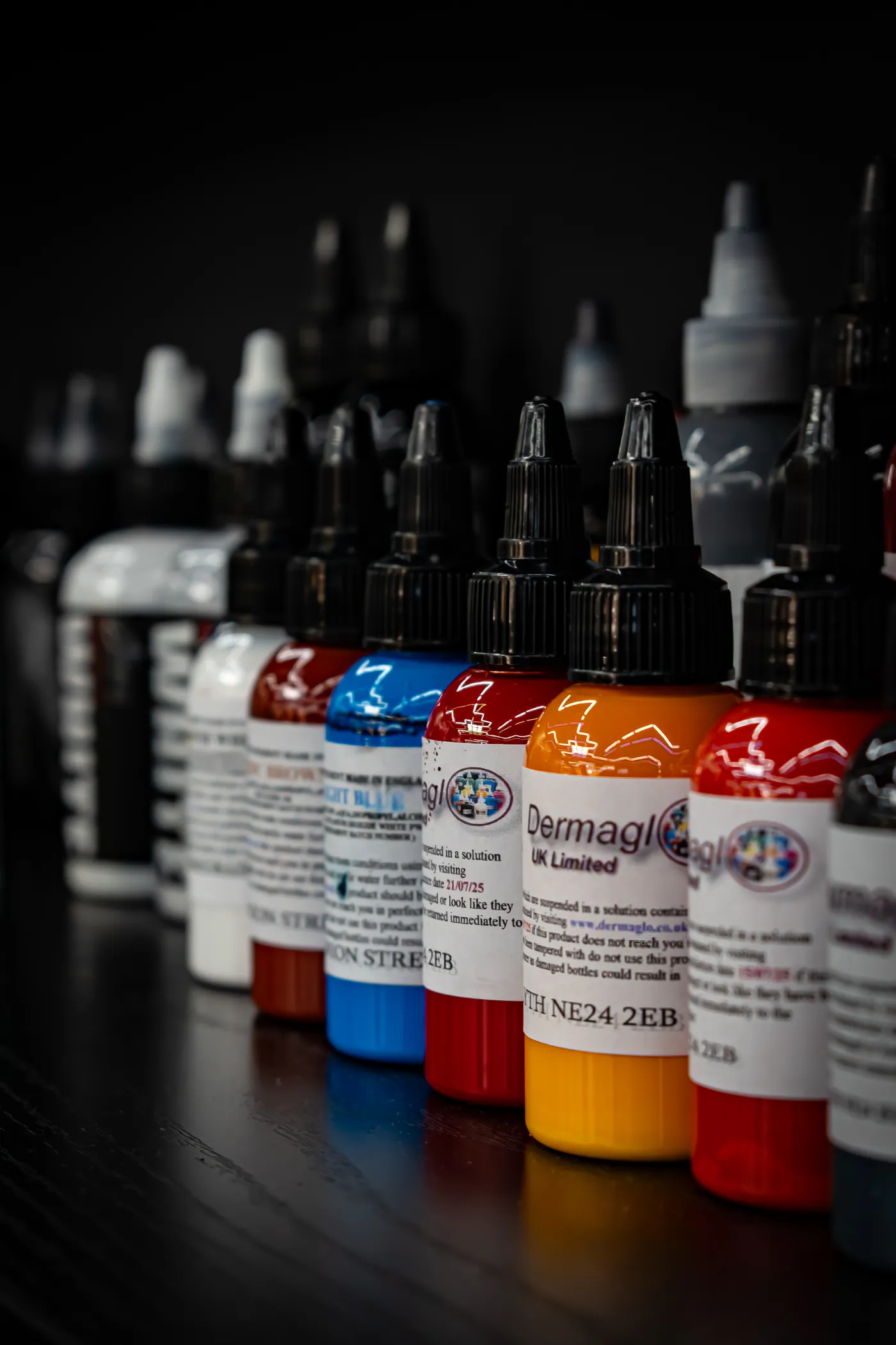 Pigments lined up on the workbench