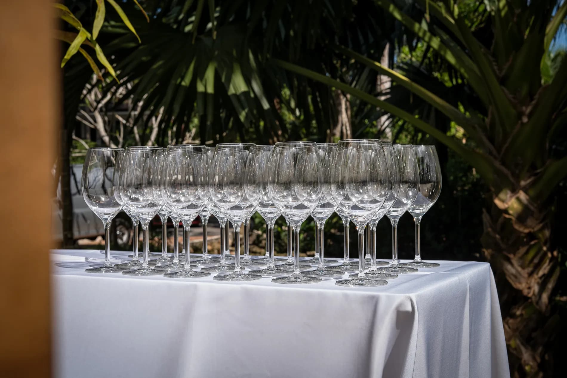 Glassware laid out on the finished bar