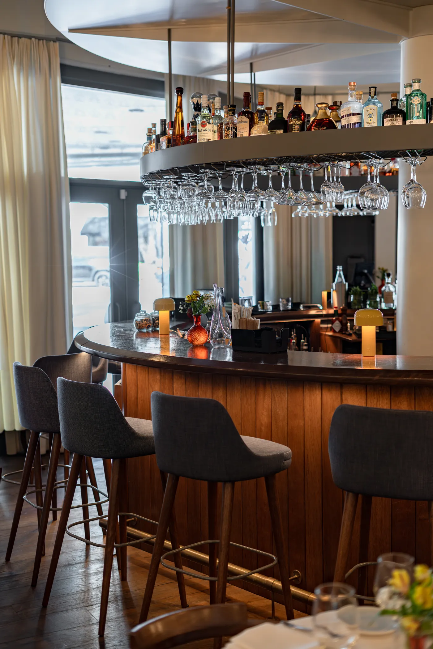 The bar and dining room with orchids
