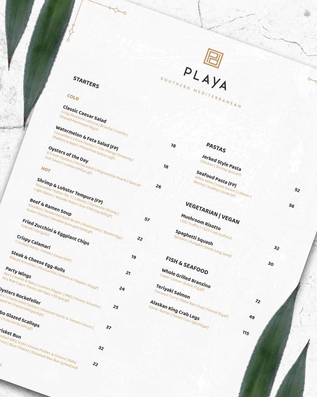 Playa menu — light variant
