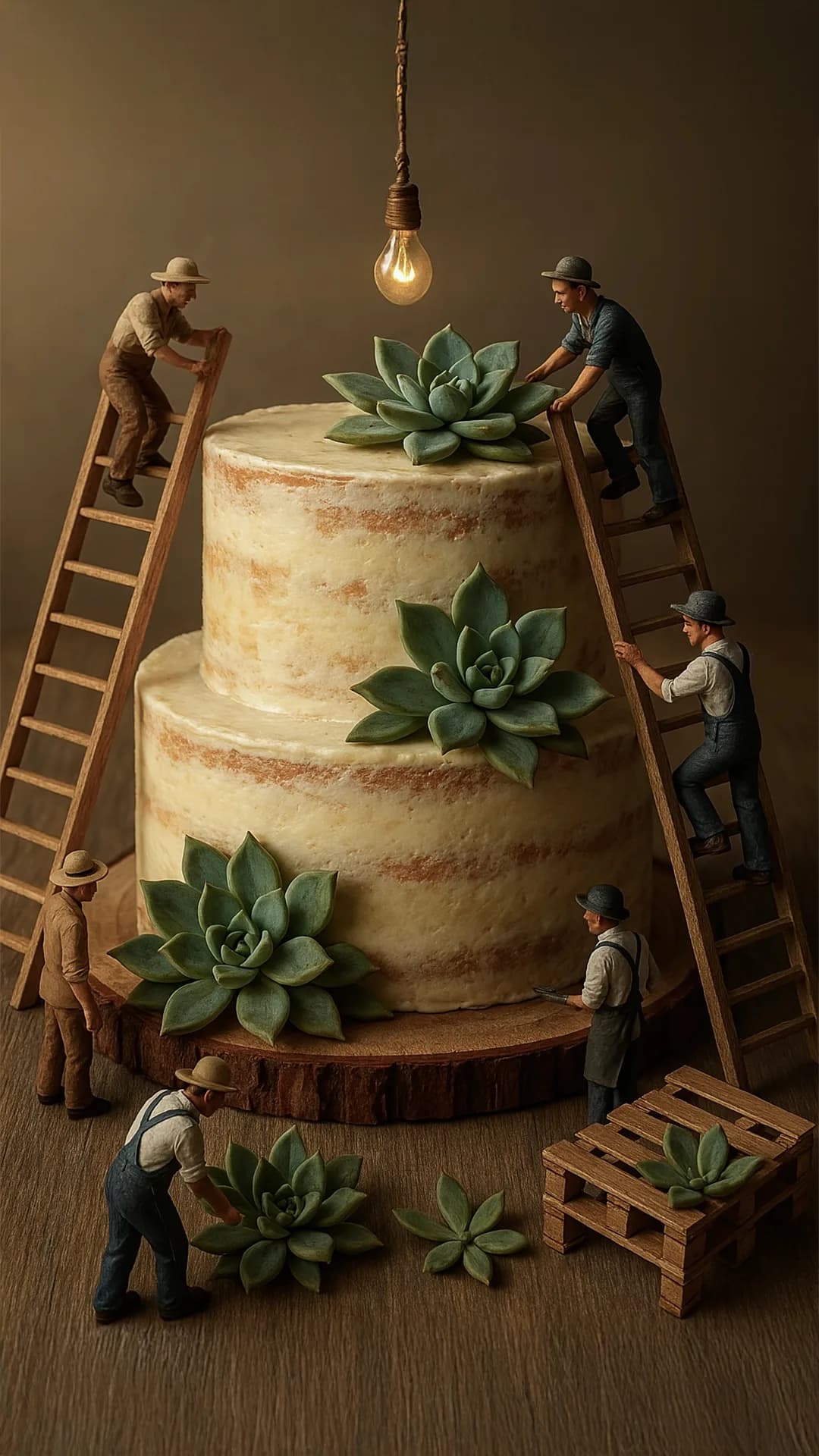 AI-generated image of a cake built by miniature figures