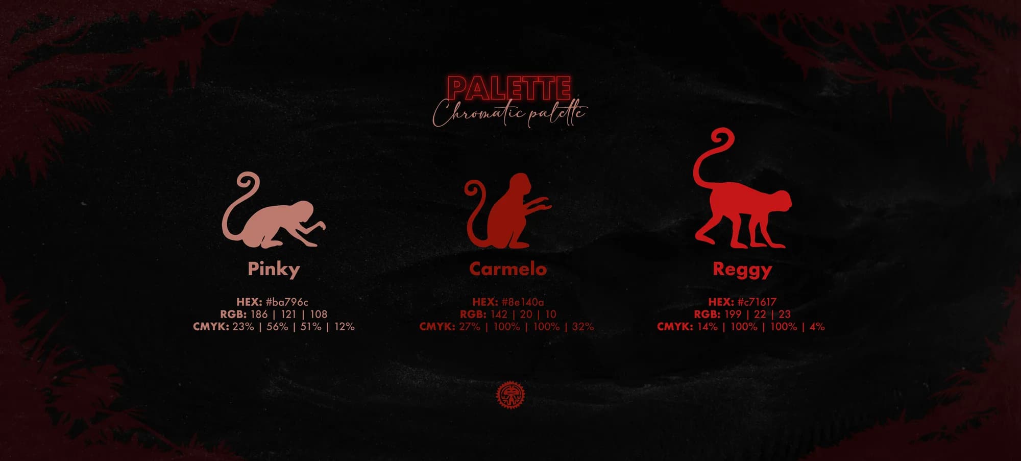 The brand's red chromatic palette — Pinky, Carmelo and Reggy tones