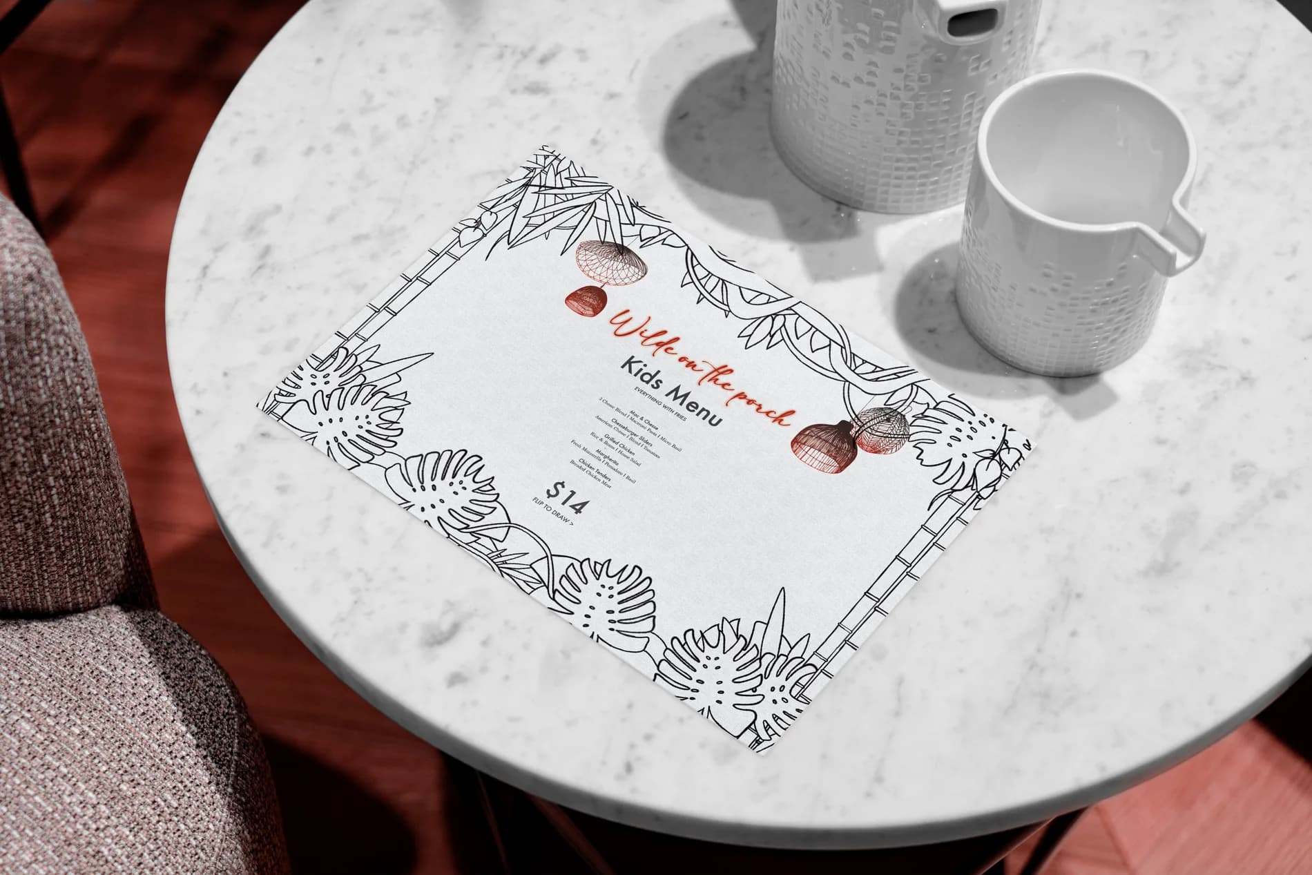 Kids' menu design on a styled table