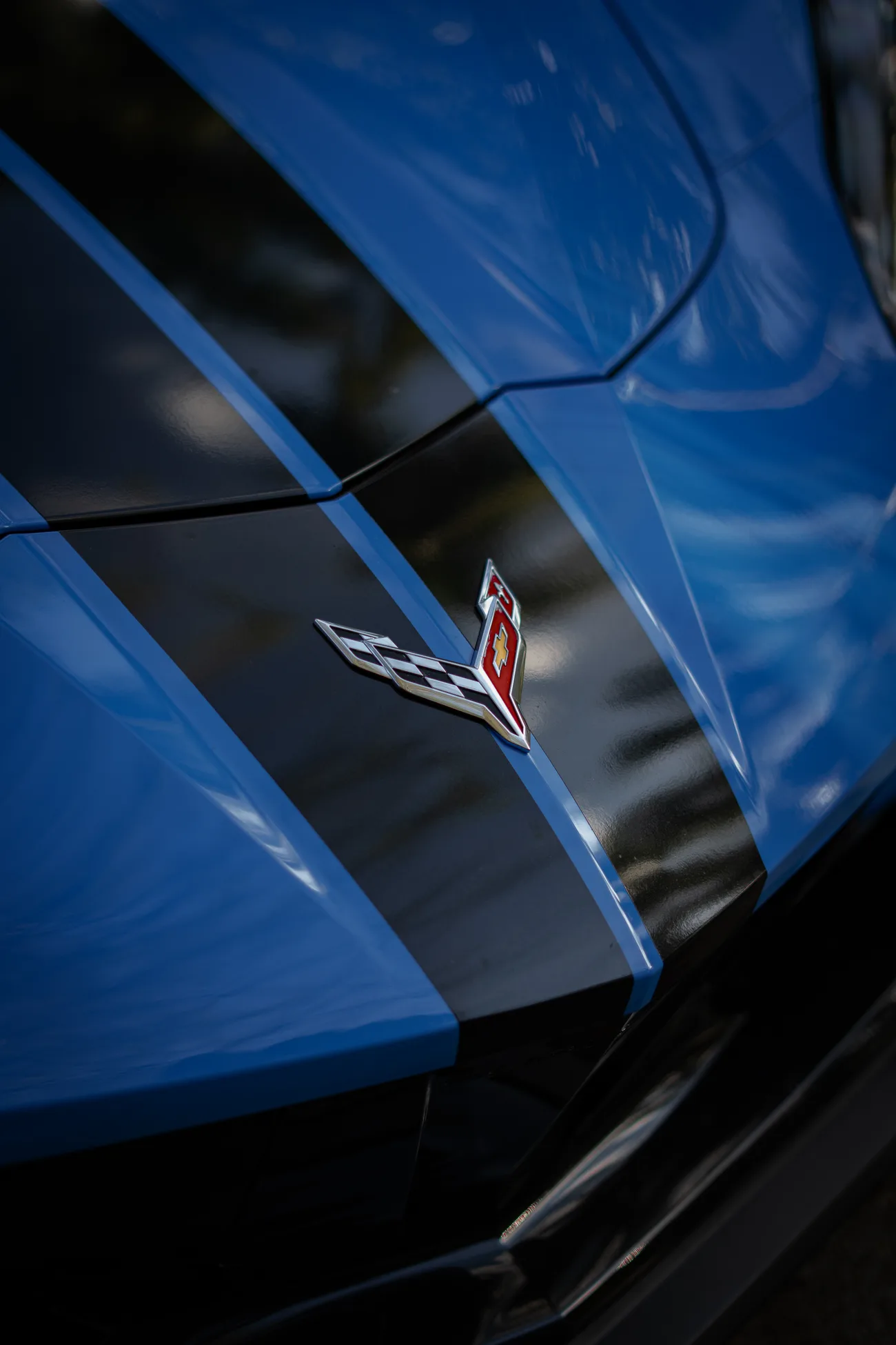 Corvette Stingray — hood stripe and crossed-flags emblem