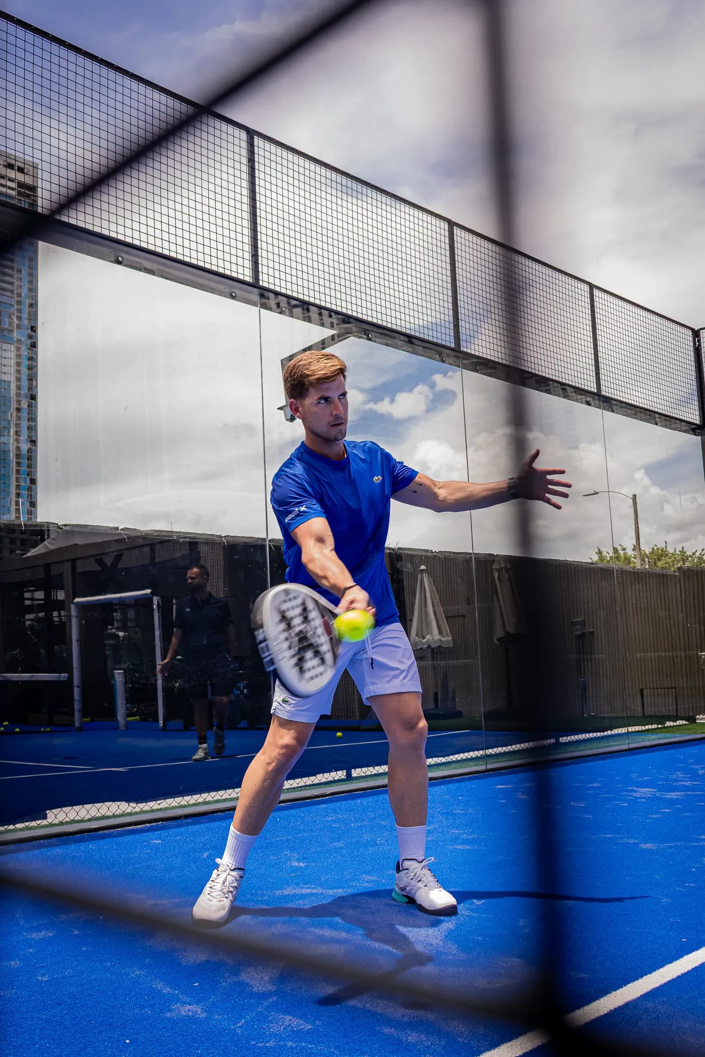 A forehand mid-rally