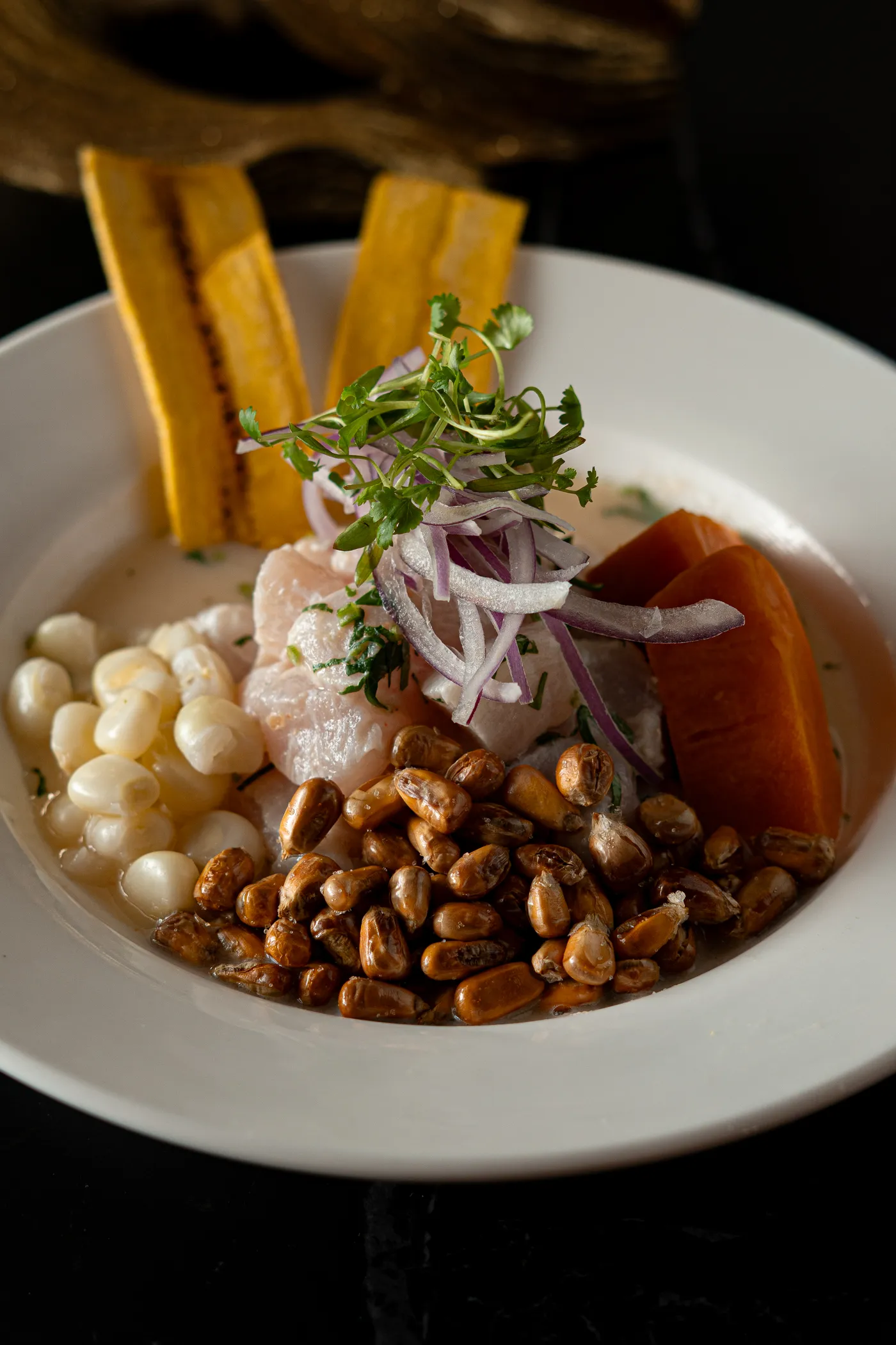 Classic ceviche with choclo, cancha and plantain