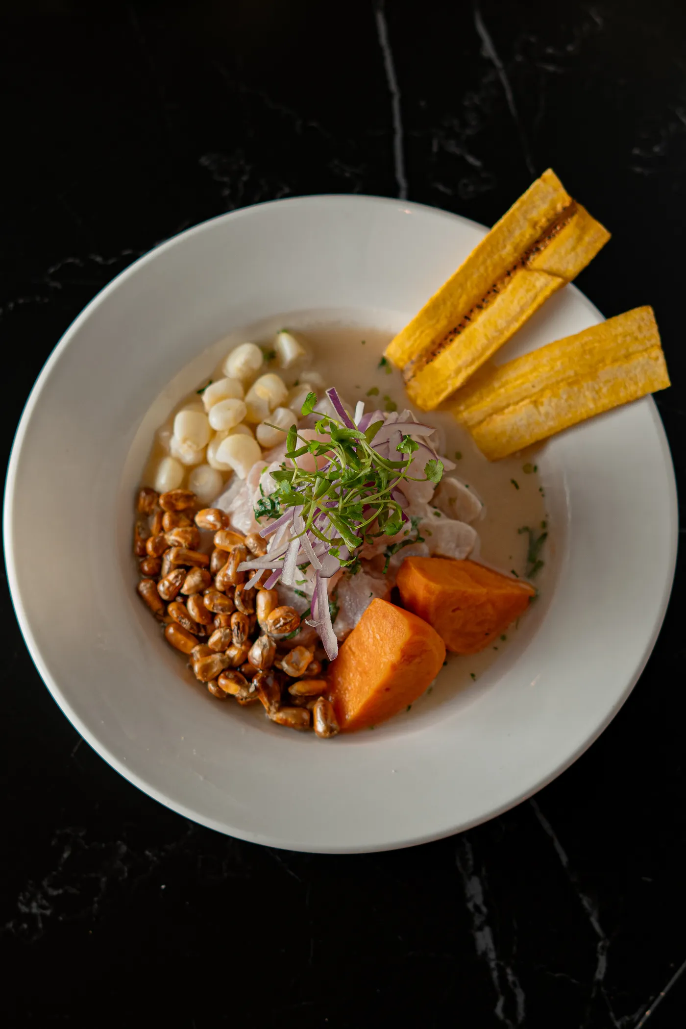 Classic ceviche in a white bowl